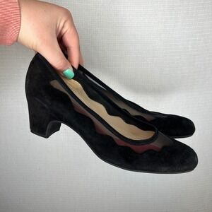 Pas de Rouge Black Suede Scalloped Mesh Block Heel Pumps Made in Italy Size 40